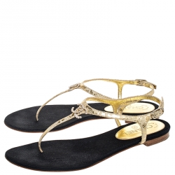 Chanel Gold/Beige Leather Thong CC Logo Strap Sandals Size 40.5