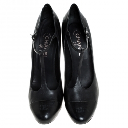 Pre Owned Chanel Black Leather CC Cap Toe T-Strap Round Toe Platform Pumps Size 42