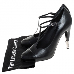 Pre Owned Chanel Black Leather CC Cap Toe T-Strap Round Toe Platform Pumps Size 42