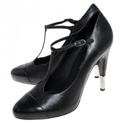 Pre Owned Chanel Black Leather CC Cap Toe T-Strap Round Toe Platform Pumps Size 42