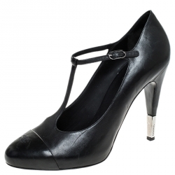 Pre Owned Chanel Black Leather CC Cap Toe T-Strap Round Toe Platform Pumps Size 42