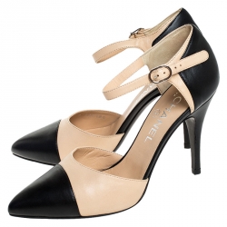 Chanel Beige/Black Leather Pointed Cap Toe Ankle Strap Sandals Size 37