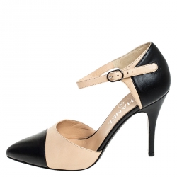 Chanel Beige/Black Leather Pointed Cap Toe Ankle Strap Sandals Size 37