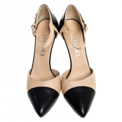 Chanel Beige/Black Leather Pointed Cap Toe Ankle Strap Sandals Size 37