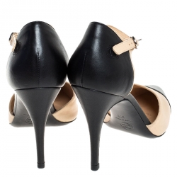 Chanel Beige/Black Leather Pointed Cap Toe Ankle Strap Sandals Size 37