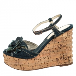 Pre Owned Chanel Blue Denim Camellia Espadrille Cork Wedge Ankle Strap Sandals Size 37.5