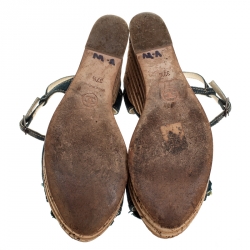 Pre Owned Chanel Blue Denim Camellia Espadrille Cork Wedge Ankle Strap Sandals Size 37.5