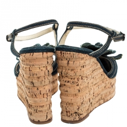 Pre Owned Chanel Blue Denim Camellia Espadrille Cork Wedge Ankle Strap Sandals Size 37.5
