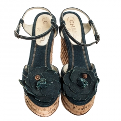 Pre Owned Chanel Blue Denim Camellia Espadrille Cork Wedge Ankle Strap Sandals Size 37.5