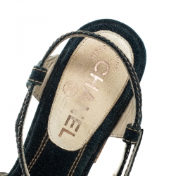 Pre Owned Chanel Blue Denim Camellia Espadrille Cork Wedge Ankle Strap Sandals Size 37.5