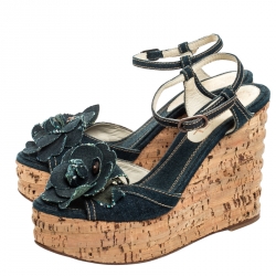 Pre Owned Chanel Blue Denim Camellia Espadrille Cork Wedge Ankle Strap Sandals Size 37.5