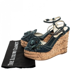 Pre Owned Chanel Blue Denim Camellia Espadrille Cork Wedge Ankle Strap Sandals Size 37.5