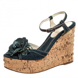 Pre Owned Chanel Blue Denim Camellia Espadrille Cork Wedge Ankle Strap Sandals Size 37.5