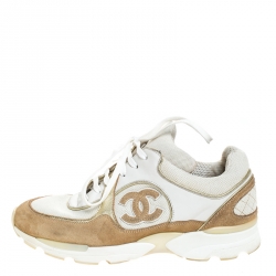 Chanel White/Beige Leather, Suede and Canvas CC Logo Lace Up