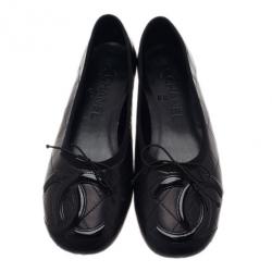 Pre Owned Chanel Black Leather CC Cambon Ballet Flats Size 38.5