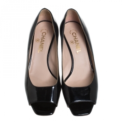 Pre Owned Chanel Black Patent Leather Peep Toe Block Heel Pumps Size 38