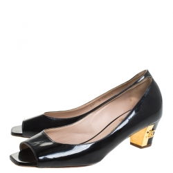 Pre Owned Chanel Black Patent Leather Peep Toe Block Heel Pumps Size 38
