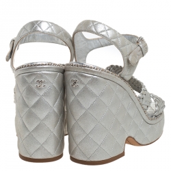 Chanel Silver Braided Leather Chain Embellished Quilted Leather Platform Clogs Size 38