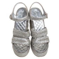 Chanel Silver Braided Leather Chain Embellished Quilted Leather Platform Clogs Size 38