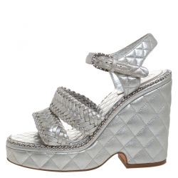 Chanel Silver Braided Leather Chain Embellished Quilted Leather Platform Clogs Size 38