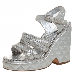Chanel Silver Braided Leather Chain Embellished Quilted Leather Platform Clogs Size 38