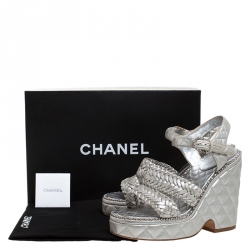 Chanel Silver Braided Leather Chain Embellished Quilted Leather Platform Clogs Size 38