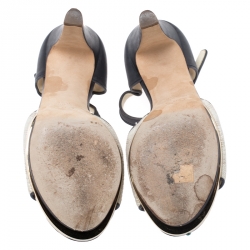 Chanel Grey Leather And Cream Canvas Open Toe Platform Ankle Strap Sandals Size 35.5