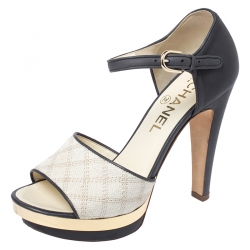 Chanel Grey Leather And Cream Canvas Open Toe Platform Ankle Strap Sandals Size 35.5