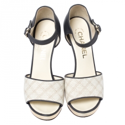 Chanel Grey Leather And Cream Canvas Open Toe Platform Ankle Strap Sandals Size 35.5