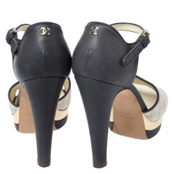 Chanel Grey Leather And Cream Canvas Open Toe Platform Ankle Strap Sandals Size 35.5