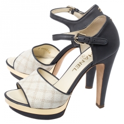 Chanel Grey Leather And Cream Canvas Open Toe Platform Ankle Strap Sandals Size 35.5