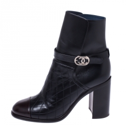 Chanel Black Quilted Leather Cap Toe CC Buckle Ankle Boots Size 40