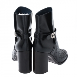 Chanel Black Quilted Leather Cap Toe CC Buckle Ankle Boots Size 40