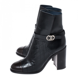 Chanel Black Quilted Leather Cap Toe CC Buckle Ankle Boots Size 40