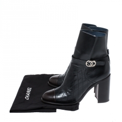 Chanel Black Quilted Leather Cap Toe CC Buckle Ankle Boots Size 40