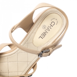 Chanel Beige Leather Reissue Chain Detail Quilted Heel Ankle Strap Sandals Size 35.5
