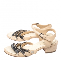 Chanel Beige Leather Reissue Chain Detail Quilted Heel Ankle Strap Sandals Size 35.5