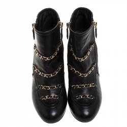 Chanel Black Leather Chain Embellished Ankle Booties Size 37.5