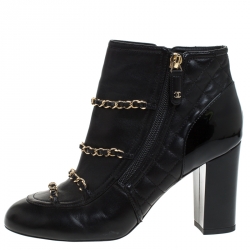 Chanel Black Leather Chain Embellished Ankle Booties Size 37.5