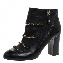 Chanel Black Leather Chain Embellished Ankle Booties Size 37.5