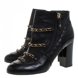 Chanel Black Leather Chain Embellished Ankle Booties Size 37.5