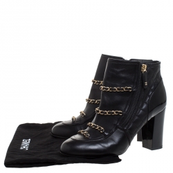 Chanel Black Leather Chain Embellished Ankle Booties Size 37.5