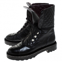 Chanel Black Quilted Leather CC Pearl Detail Ankle Boots Size 39.5