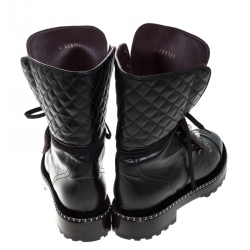 Chanel Black Quilted Leather CC Pearl Detail Ankle Boots Size 39.5