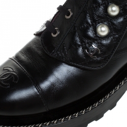 Chanel Black Quilted Leather CC Pearl Detail Ankle Boots Size 39.5