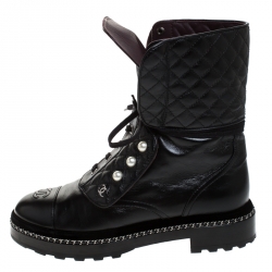 Chanel Black Quilted Leather CC Pearl Detail Ankle Boots Size 39.5