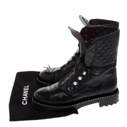 Chanel Black Quilted Leather CC Pearl Detail Ankle Boots Size 39.5