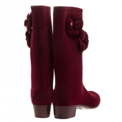 Chanel Burgundy Velvet Camellia Embellished CC Rain Boots Size 40