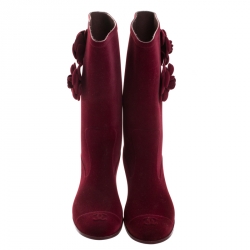 Chanel Burgundy Velvet Camellia Embellished CC Rain Boots Size 40