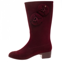 Chanel Burgundy Velvet Camellia Embellished CC Rain Boots Size 40